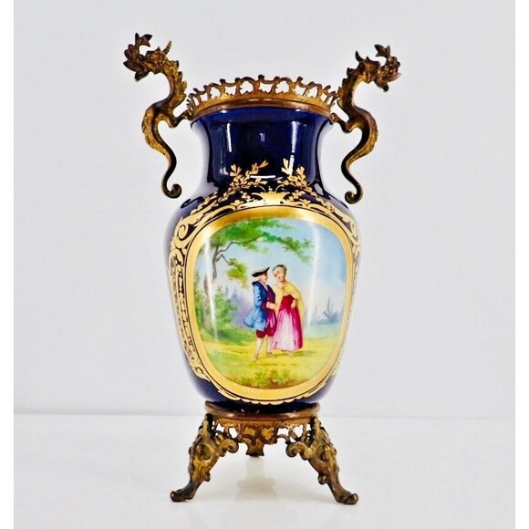 French Sevres Signed Porcelain Cobalt Blue Gilded Vase Bronze Dragon Handles 19C - Picture 1 of 11